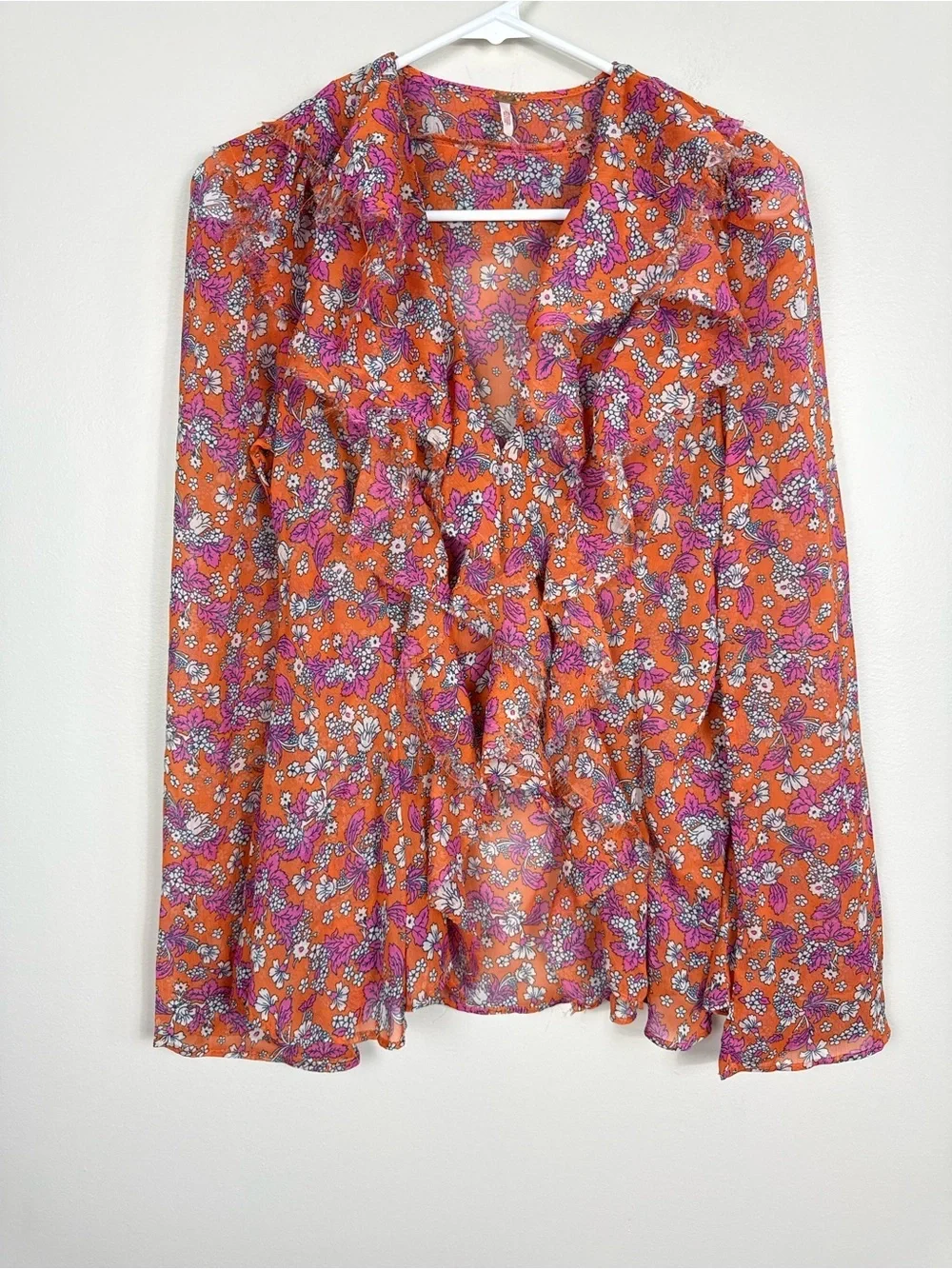 Free People Nina Top Womens Small Tulips Ditsy Ruffled Sheer Hippie Boho Pink